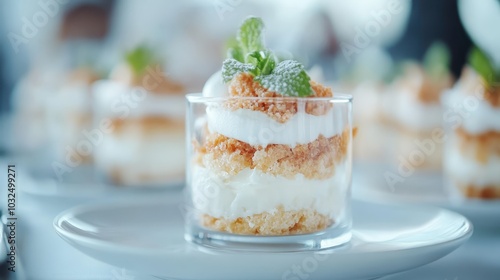 A beautifully layered tiramisu served in a glass is elegantly topped with a mint leaf, showcasing a blend of creamy and crumbly textures on a white plate. photo