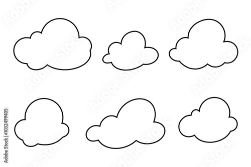 A set of clouds hand-drawn with a black outline isolated on a white background, vector. Cloud element for design with text, decoration, design. Illustration of a sketch of an empty cumulus cloud 