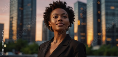Happy wealthy rich successful black businesswoman standing in big city modern skyscrapers street on sunset thinking of successful vision, dreaming of new investment opportunitie
