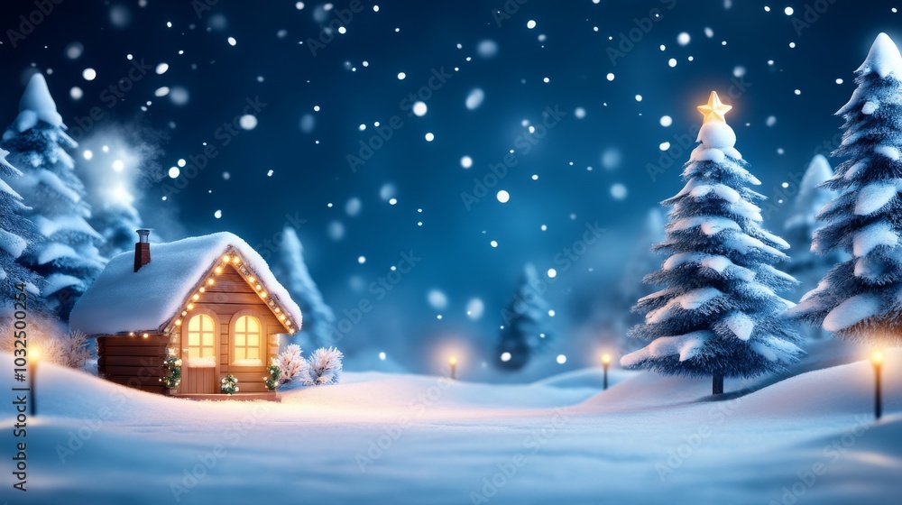 Cozy winter cabin illuminated by soft snowfall Cozy winter cabin illuminated by soft snowfall