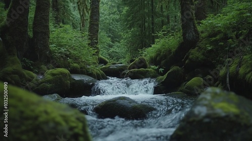 A small, rushing stream flows through a lush, mossy forest.