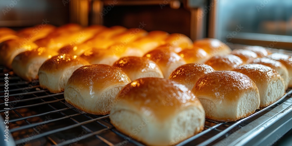 Freshly baked golden brown buns cooling on a rack, showcasing their soft texture and inviting aroma in a warm bakery setting. Freshly baked golden brown buns cooling on a rack, showcasing their soft texture and inviting aroma in a warm bakery setting.