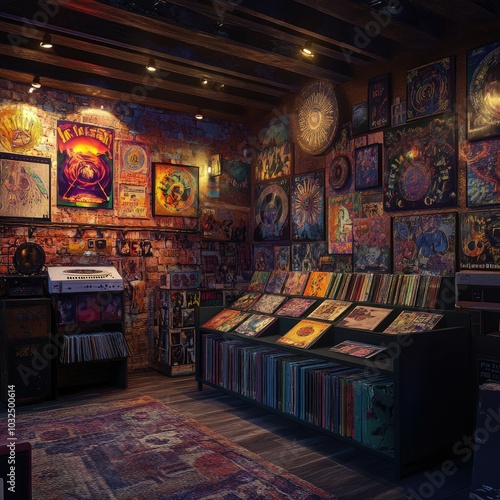 Vintage Record Store Interior with Brick Wall and Posters