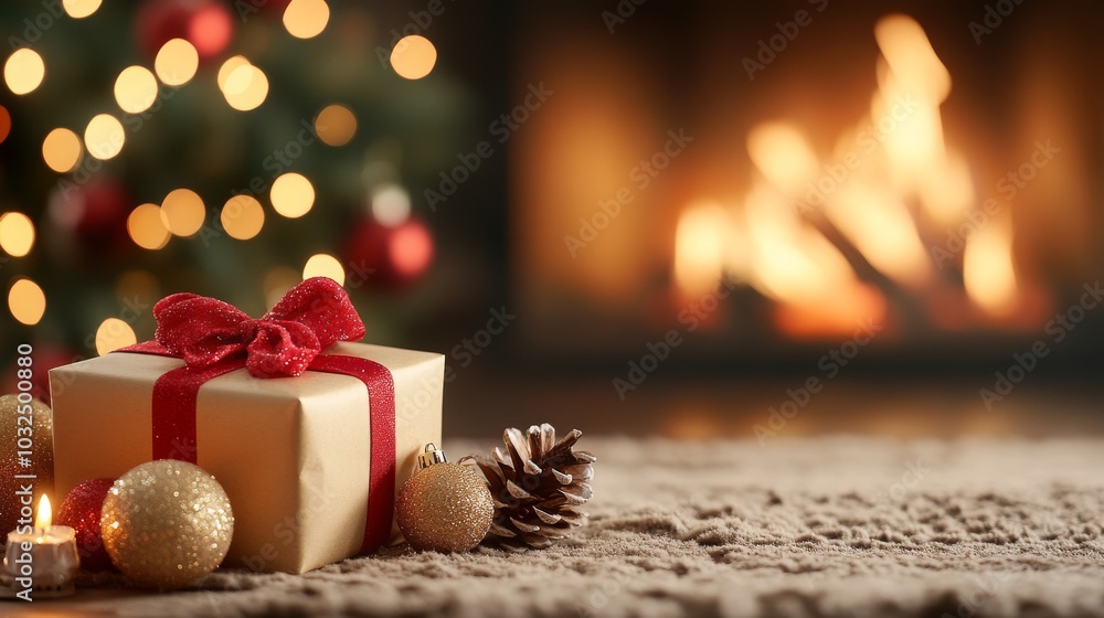 Cozy Christmas scene with gift and festive decorations Cozy Christmas scene with gift and festive decorations
