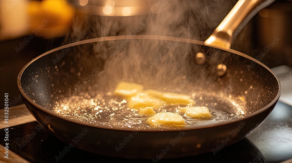 A frying pan with butter melting and sizzling, setting the stage for a delicious meal to be prepared. A frying pan with butter melting and sizzling, setting the stage for a delicious meal to be prepared.