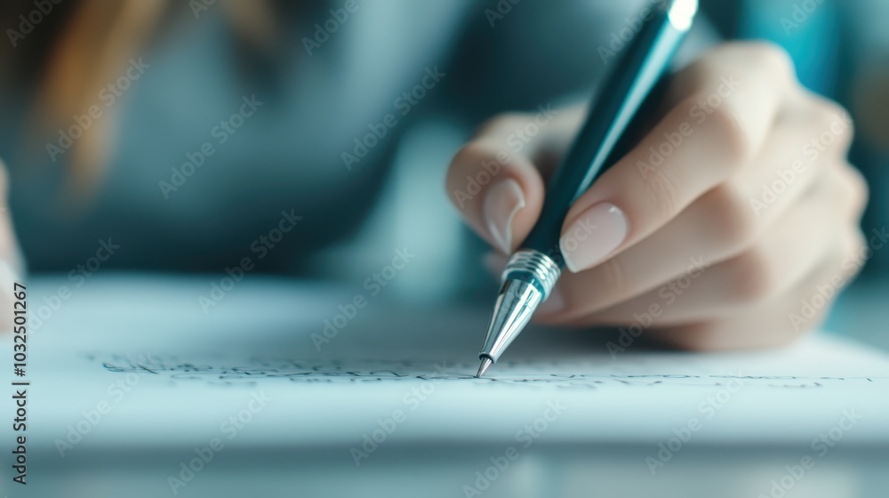 A close-up shot of a hand carefully writing notes with a pen on paper ...
