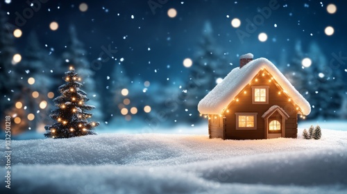 Cozy winter scene with a snow-covered house and Christmas tree