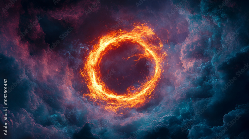 Fiery Ring in Dark Clouds Abstract Fire Circle Energy Cosmic Sky Nature Fiery Ring in Dark Clouds Abstract Fire Circle Energy Cosmic Sky Nature