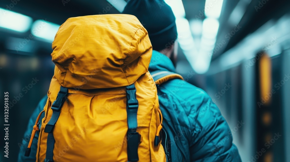 Image of a traveler with a yellow backpack standing inside a subway station, capturing the essence of urban exploration and wanderlust in a bustling environment. Image of a traveler with a yellow backpack standing inside a subway station, capturing the essence of urban exploration and wanderlust in a bustling environment.