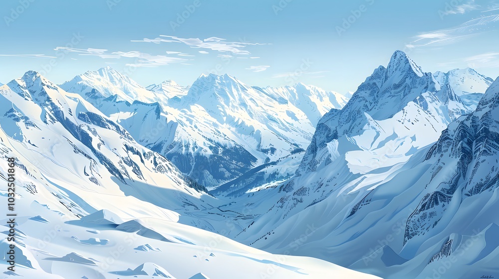 Obraz premium Panoramic view down snow covered valley in alpine mountain range