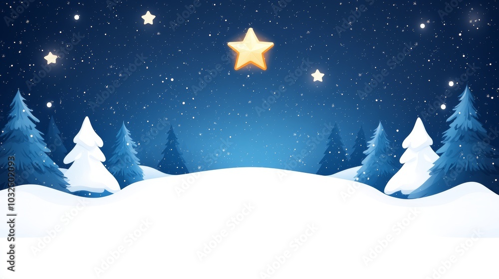 Naklejka premium Winter night scene with snow-covered trees and glowing star