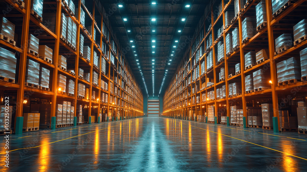 An expansive, well-lit warehouse with symmetrical industrial design and polished floors, creating a futuristic ambiance An expansive, well-lit warehouse with symmetrical industrial design and polished floors, creating a futuristic ambiance