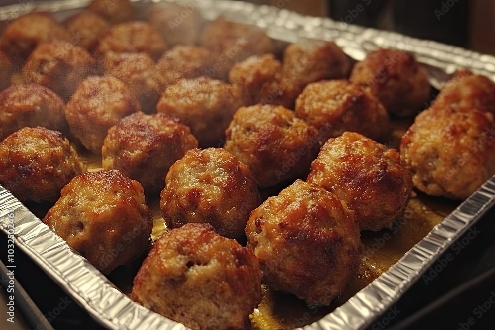 Close-up of Golden Brown Meatballs in a Foil Pan Close-up of Golden Brown Meatballs in a Foil Pan