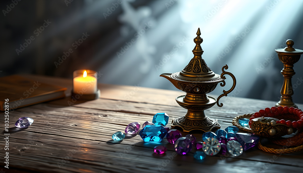 Magic lamp and jewels on the old wooden table background isolated with white highlights, png Magic lamp and jewels on the old wooden table background isolated with white highlights, png