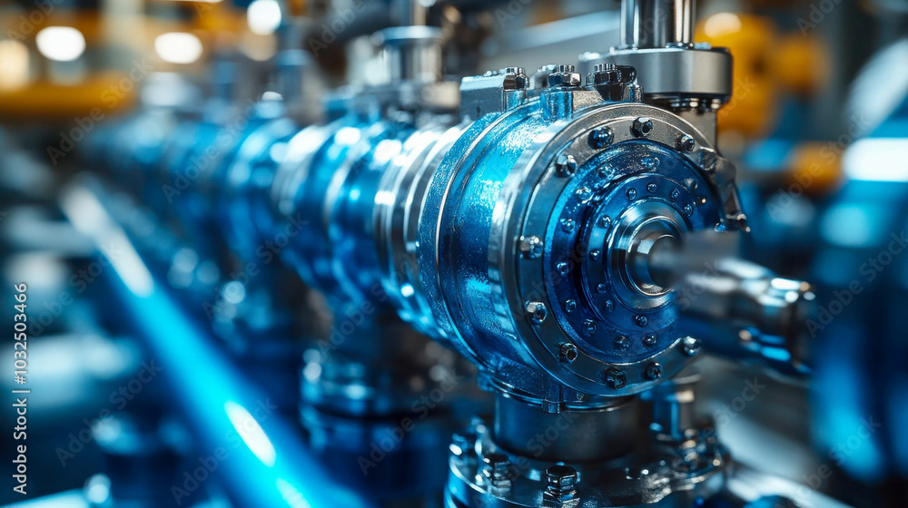 Close-up of a modern industrial pump system in a brightly lit factory setting, showcasing high-tech equipment and precision engineering Close-up of a modern industrial pump system in a brightly lit factory setting, showcasing high-tech equipment and precision engineering