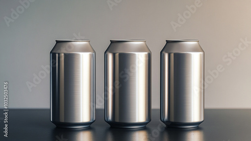 Three Blank Aluminum Cans on Black Table Mockup Template