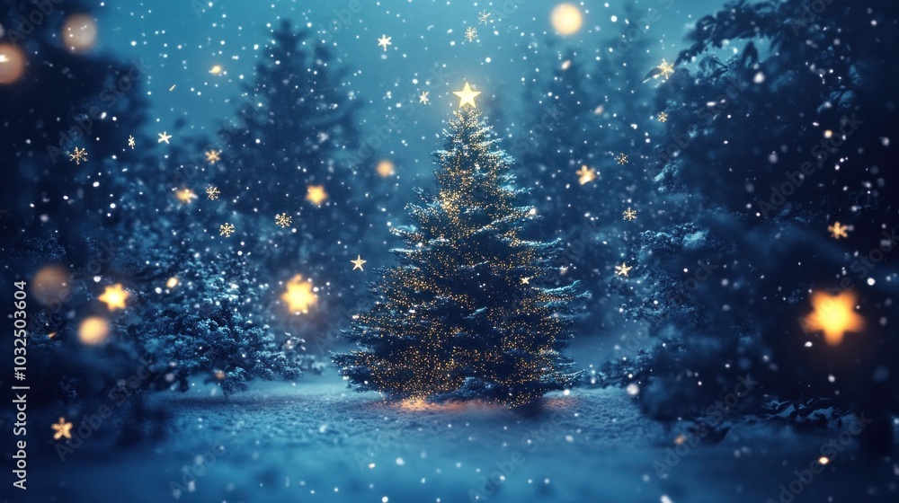 Naklejka premium Blue-themed Christmas tree scene, falling snowflakes and swirling stars, whimsical winter wonderland atmosphere