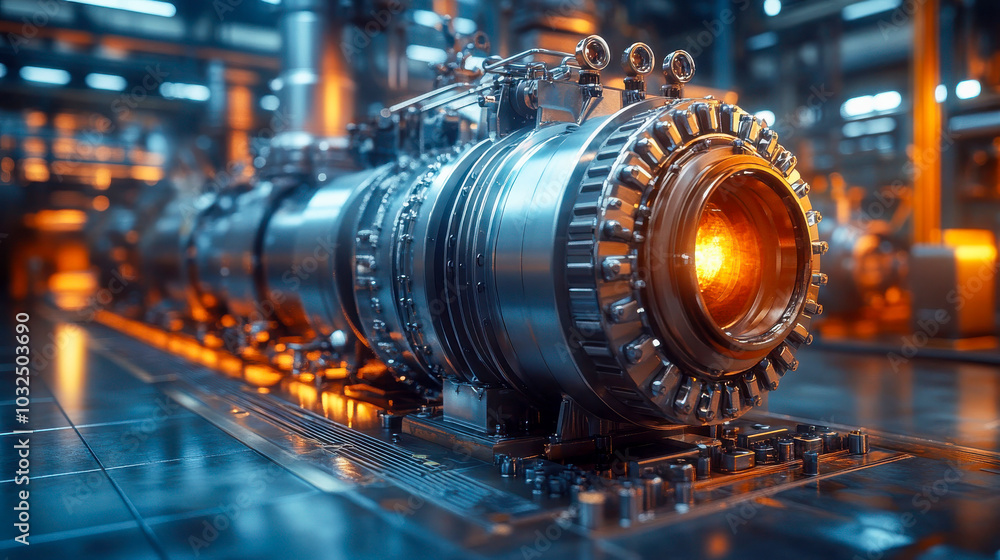 Advanced industrial turbine system, glowing with orange lighting, highlighting cutting-edge machinery and high-performance engineering Advanced industrial turbine system, glowing with orange lighting, highlighting cutting-edge machinery and high-performance engineering