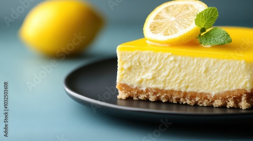 A decadent square lemon cheesecake sits on a black plate, topped with a slice of lemon and mint leaves, offering a simple yet elegant dessert presentation.