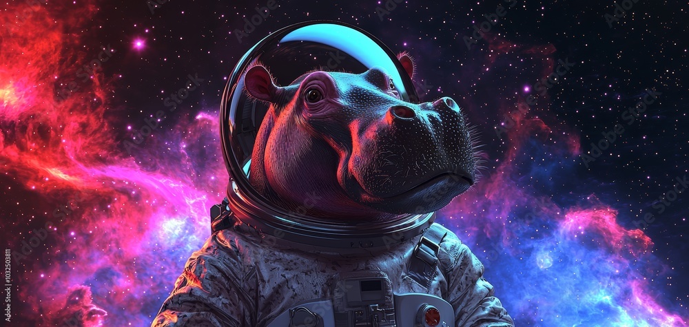 Baby hippo in a spacesuit, sarcastic smirk, floating in a colorful nebula, 3D illustration with vibrant galaxies Baby hippo in a spacesuit, sarcastic smirk, floating in a colorful nebula, 3D illustration with vibrant galaxies