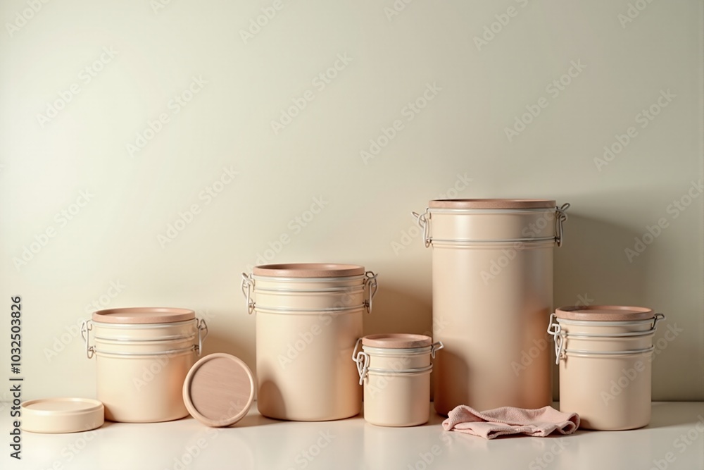 A set of travel containers on a clean design background with a cozy design A set of travel containers on a clean design background with a cozy design