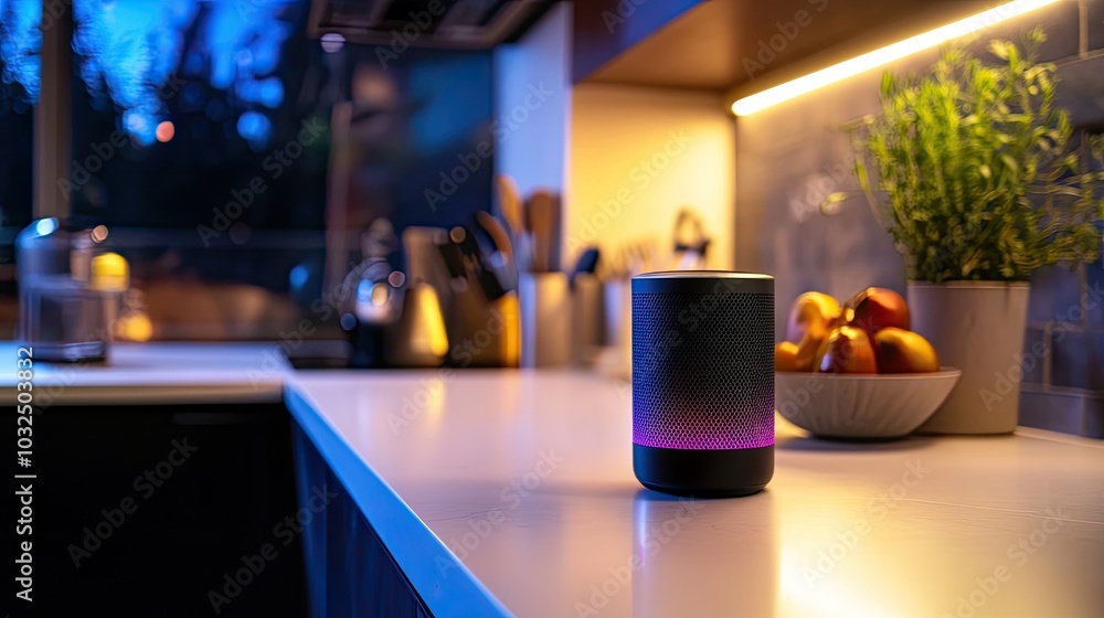 A smart home hub on a kitchen counter, controlling lights, music, and security with one voice command. A smart home hub on a kitchen counter, controlling lights, music, and security with one voice command.