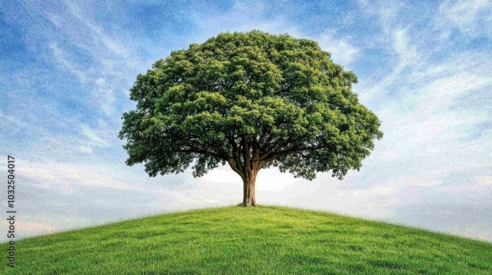 A single large tree standing tall in the middle of a green meadow, surrounded by fresh spring grass and bright blue skies, symbolizing new beginnings. A single large tree standing tall in the middle of a green meadow, surrounded by fresh spring grass and bright blue skies, symbolizing new beginnings.