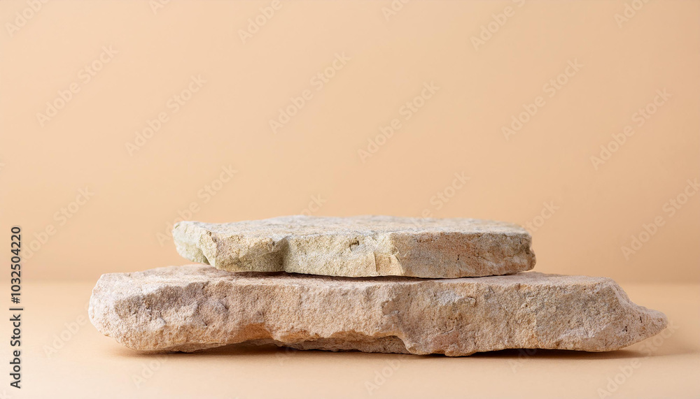 Empty stone podium on light beige background. Minimal podium, display product presentation. Empty stone podium on light beige background. Minimal podium, display product presentation.