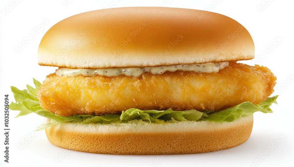 Crispy fried fish sandwich with golden buns, creamy tartar sauce, and fresh lettuce, styled in an inviting and appetizing fast-food presentation Crispy fried fish sandwich with golden buns, creamy tartar sauce, and fresh lettuce, styled in an inviting and appetizing fast-food presentation