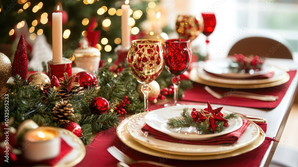 Beautifully set Christmas dining table with red and gold decorations, candles, and festive dinnerware, ready for a holiday feast. Beautifully set Christmas dining table with red and gold decorations, candles, and festive dinnerware, ready for a holiday feast.