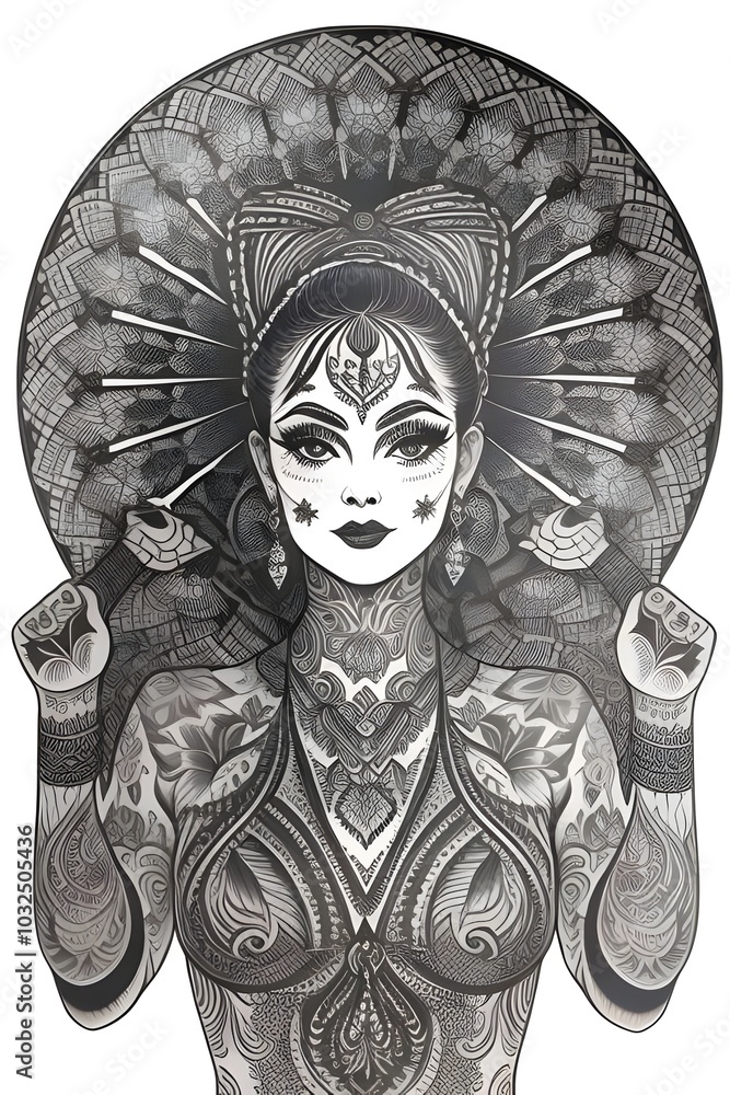 Naklejka premium vintage lino cut tattoo design of a gogo dancer woman, the woman's whole body is covered in tattoos. flash art, old school, 