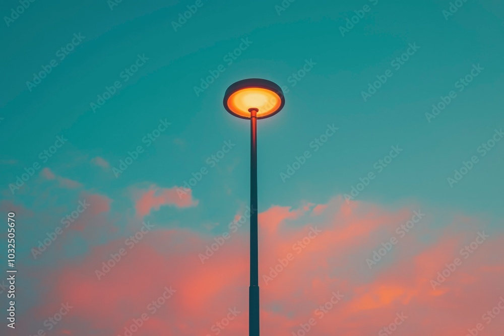 A single streetlight illuminated against a vibrant, colorful sky. A single streetlight illuminated against a vibrant, colorful sky.