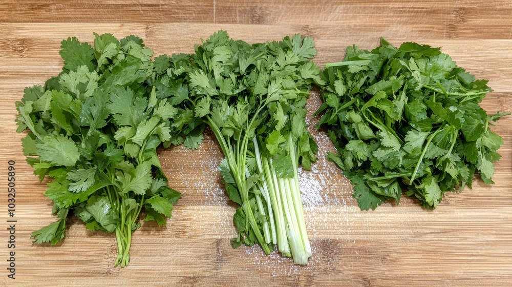 Fresh Thai herbs basil, mint, and cilantro neatly arranged on a cutting board, ready for a vegetarian dish garnish Fresh Thai herbs basil, mint, and cilantro neatly arranged on a cutting board, ready for a vegetarian dish garnish