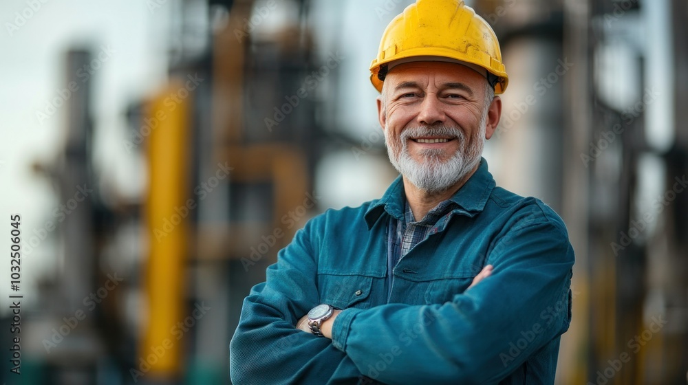 A senior man wearing a hard hat and work clothes smiles and looks directly at the camera while standing in front of a large industrial facility. A senior man wearing a hard hat and work clothes smiles and looks directly at the camera while standing in front of a large industrial facility.