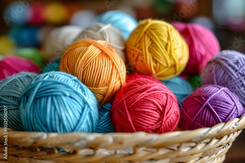 Vibrant Collection of Colorful Yarn Balls in a Woven Basket