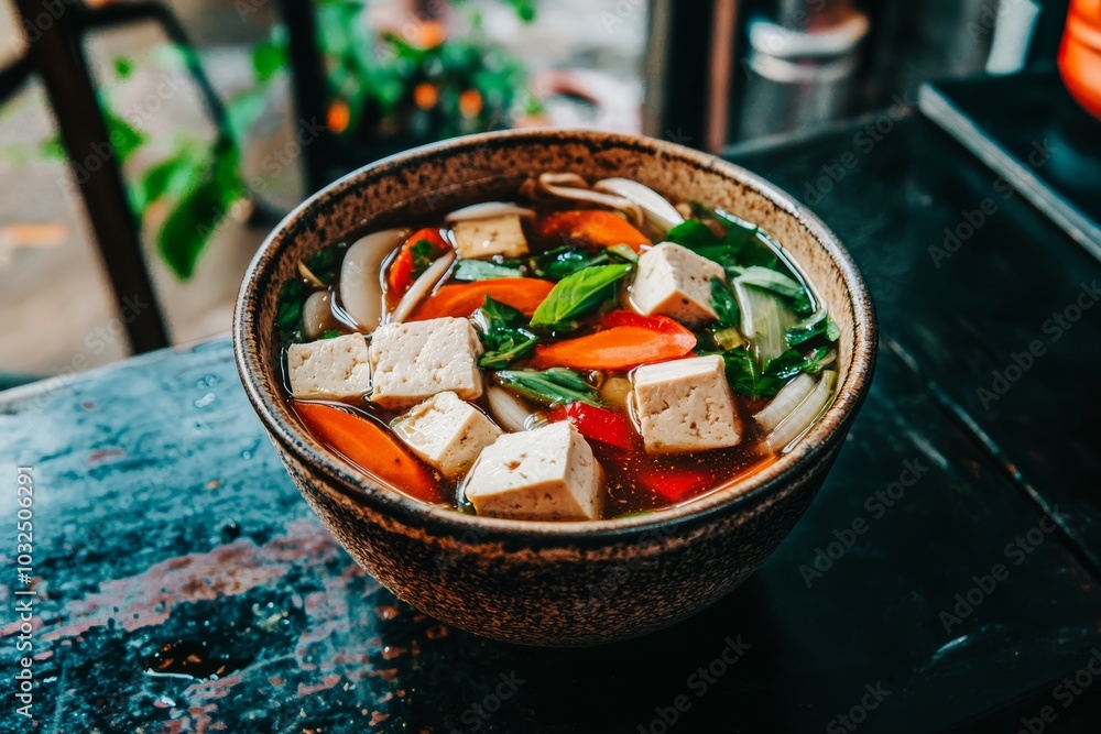 A delicate bowl of vegan tom yum soup, filled with tofu, mushrooms, and bright, colorful vegetables floating in a fragrant broth A delicate bowl of vegan tom yum soup, filled with tofu, mushrooms, and bright, colorful vegetables floating in a fragrant broth