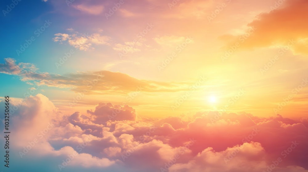 Fototapeta premium Sunset sky background. Blue sky with golden light and clouds with soft blur motion effect backgrounds. Sky clouds backdrop.