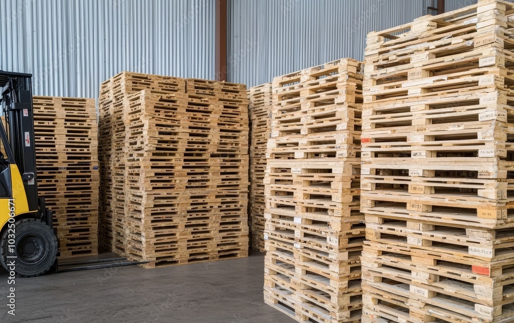 Forklift stacking crates in a large warehouse, efficient and orderly workflow Forklift stacking crates in a large warehouse, efficient and orderly workflow