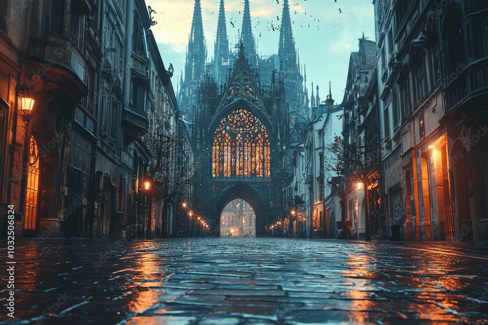 Cobblestone Street Leading to Gothic Cathedral at Sunset Cobblestone Street Leading to Gothic Cathedral at Sunset