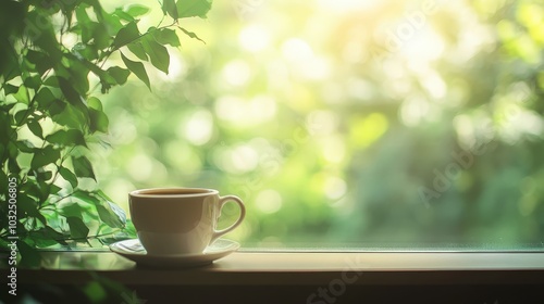 Coffee Cup on Windowsill with Blurred Green Foliage and Bokeh