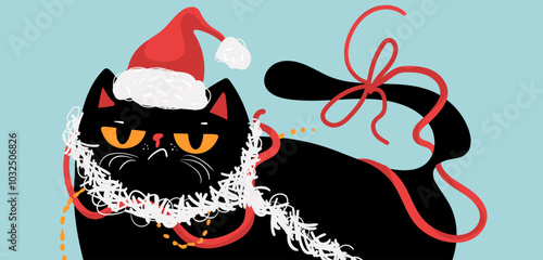 Grumpy black cat in Santa hat with Christmas garland. Merry Christmas and Happy New Year. Vector illustration in flat style