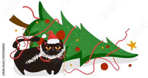 Grumpy black cats knocked down a Christmas tree. Flat vector Christmas illustration.