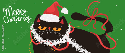kawaii black cat in Santa hat with Christmas garland. Merry Christmas and Happy New Year. Vector illustration in flat style