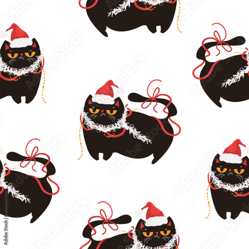 Seamless pattern with black cute cats in santa hats. Design suitable for banner, invitation, card, greeting, banner, cover, fabric, wrapping paper, wallpaper