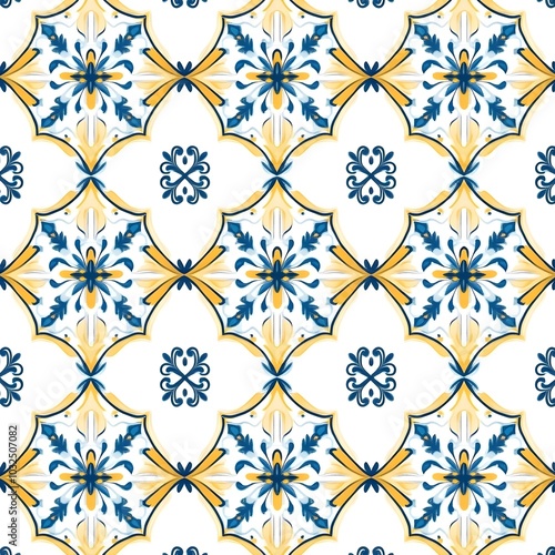 Seamless Floral Tile Pattern in Yellow and Blue