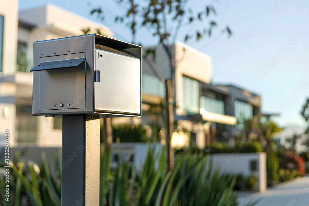 modern stainless steel mailbox mounted on sleek post stands in front of contemporary homes, showcasing stylish and functional design. mailbox complements elegant architecture and lush greenery, modern stainless steel mailbox mounted on sleek post stands in front of contemporary homes, showcasing stylish and functional design. mailbox complements elegant architecture and lush greenery,