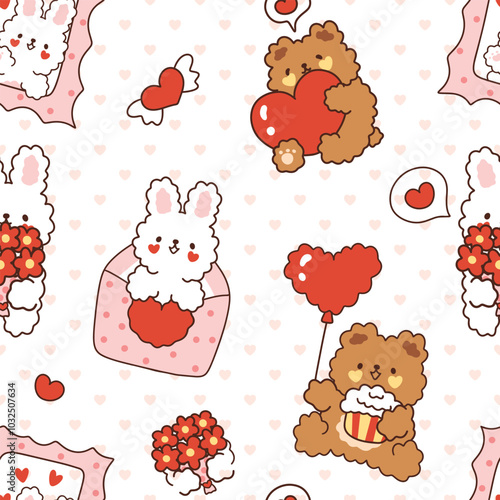 Cute hand drawn Kawaii bunny and teddy bears with red hearts and envelopes on a girly background with heart texture, happy birthday or Valentine’s Day seamless pattern.