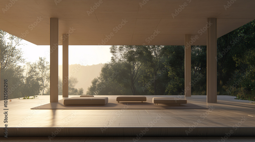 Fototapeta premium Open-plan living area with minimalist furniture and light wood flooring