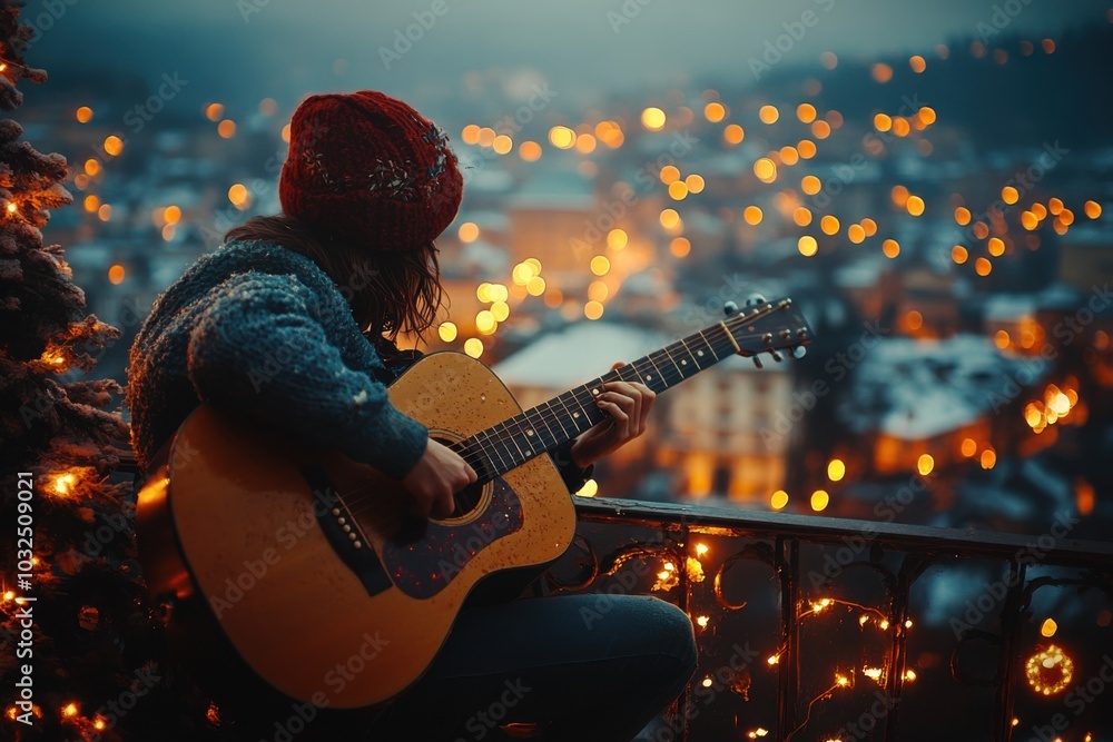 Obraz premium Someone is playing a guitar on a balcony overlooking a city