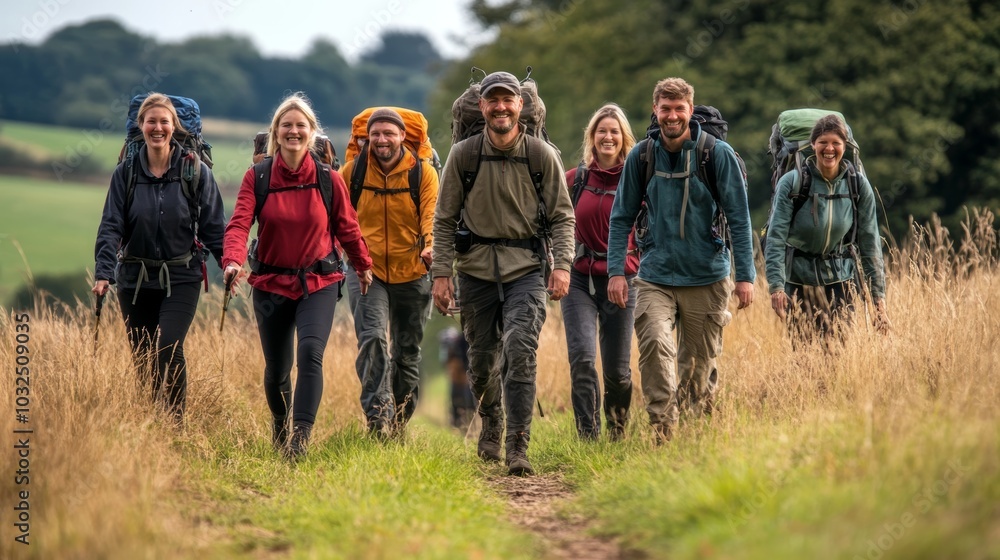 Group of friends on country walk, Generative AI Group of friends on country walk, Generative AI